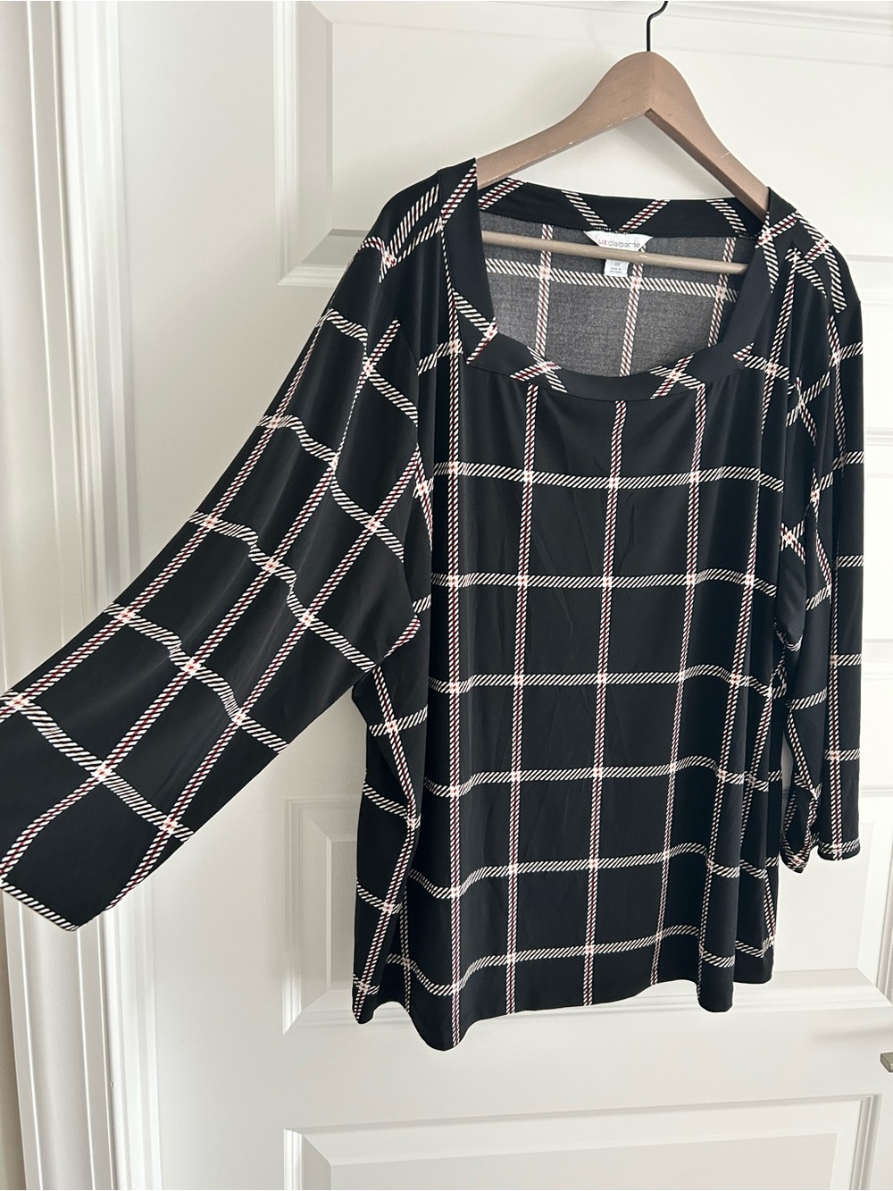 Liz Claiborne Square Neck Blouse Black Cream Red Windowpane 3X